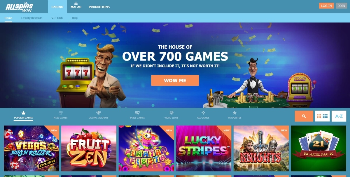 All Spins Win Casino homepage