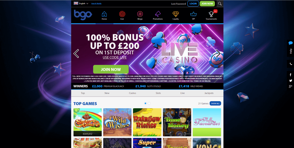 BGO Casino homepage