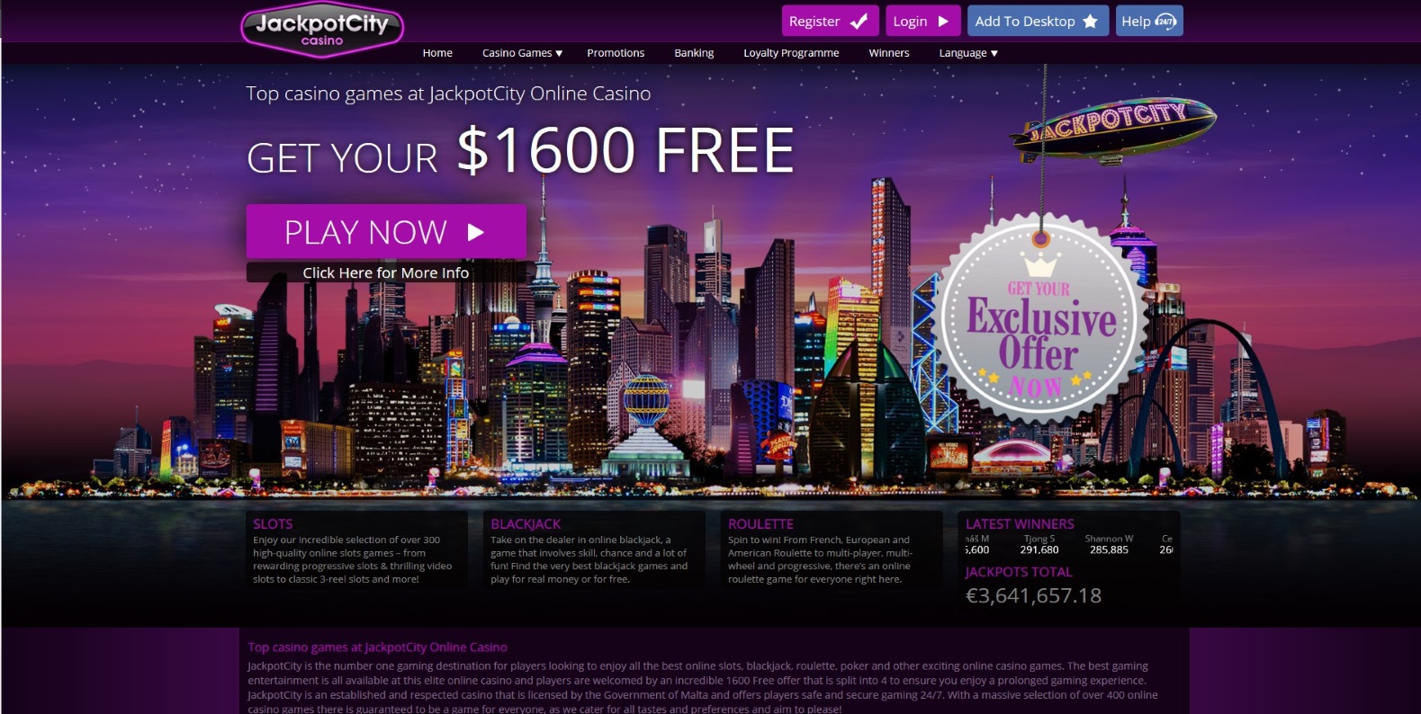 The homepage of JackpotCity Casino