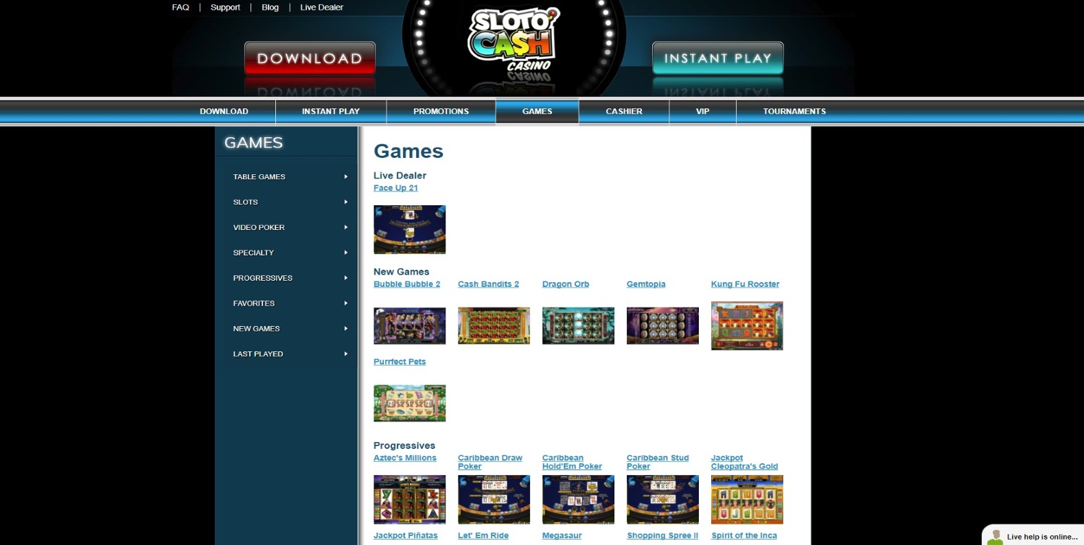 The games page of Sloto'Cash casino